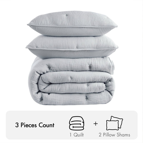 English Elm 3-piece Cotton Muslin Quilt Set Crinkled Texture Embroidered Tacking Breathable Bedding Blue B035P408345
