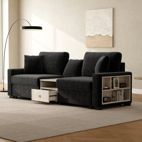 English Elm Modern Chenille Modular Sofa with Built-in Console Storage Armrest for Living Room Black N763S000063B