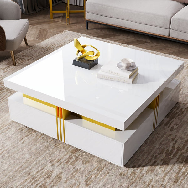 English Elm Modern Square Storage Coffee Table with 4 Drawers, 43.3" Top, Minimalist Durable MDF Design, White Glossy White CH359402AAK