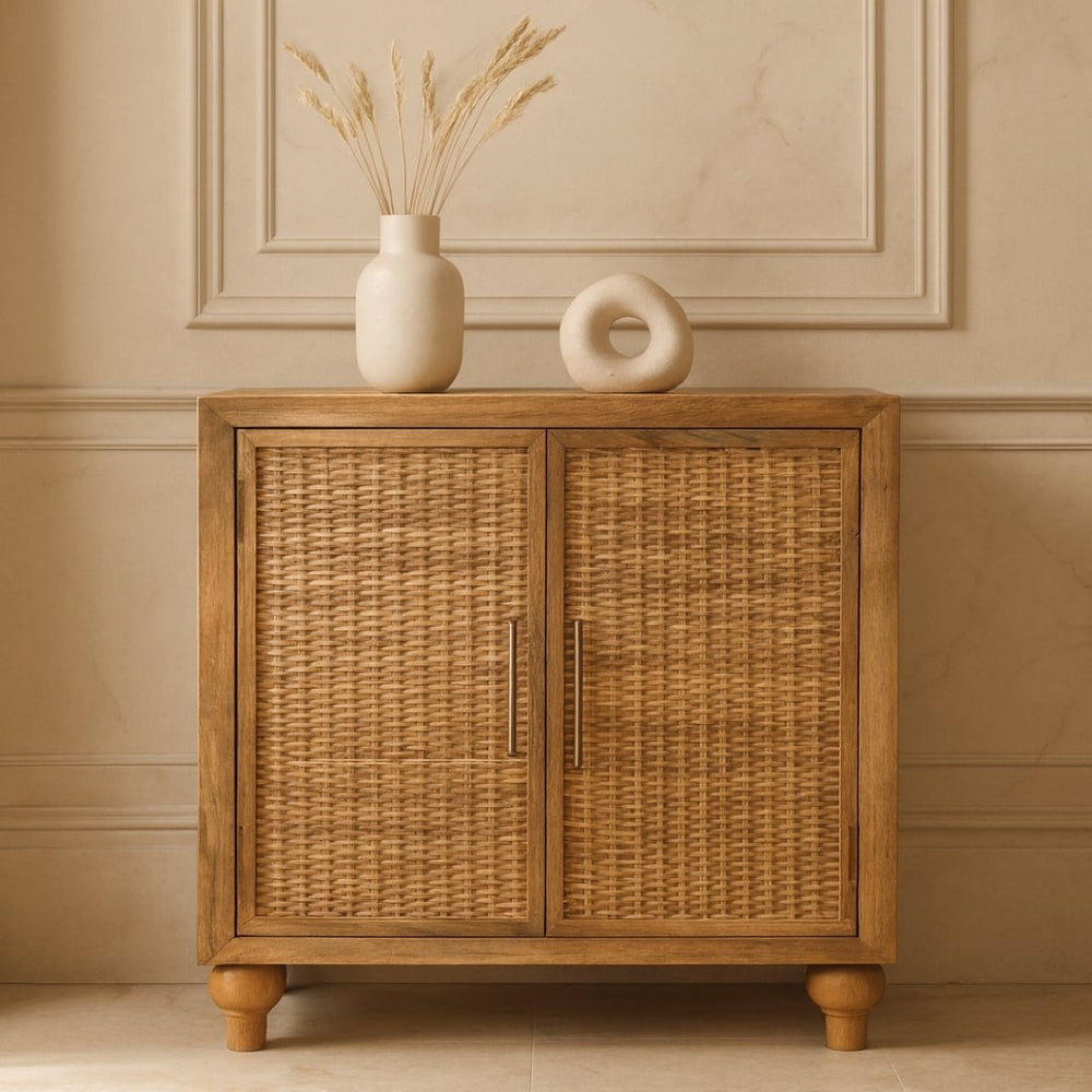 English Elm Artisan Solid Mango Wood Cabinet with Woven Rattan Doors Oak Finish Storage B182P438710