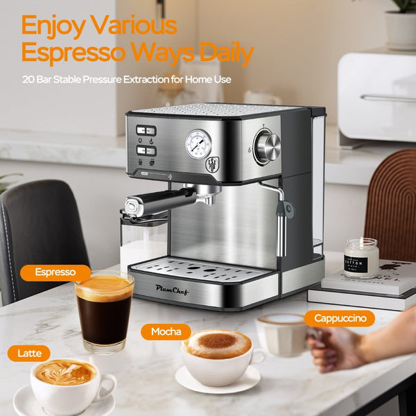 English Elm 20 Bar Stainless Steel Espresso Machine with Steam Wand for Home Barista Brewing W1002P292428