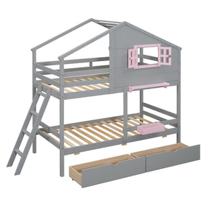English Elm Twin Playhouse Bunk Bed Pinewood Frame with Pitched Roof Window Shelf and Storage Drawers Gray LT001608AAE-1