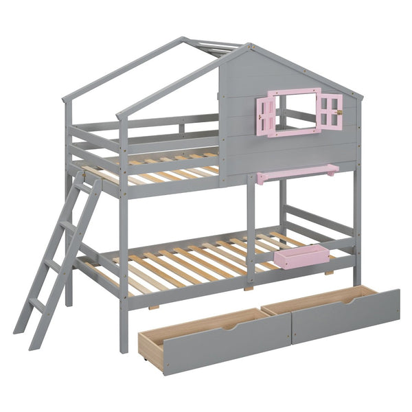 English Elm Twin Playhouse Bunk Bed Pinewood Frame with Pitched Roof Window Shelf and Storage Drawers Gray LT001608AAE-1