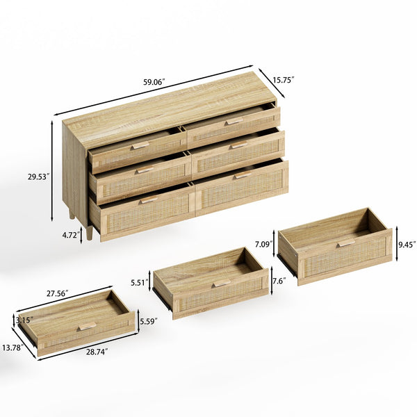 English Elm 59" Rattan Dresser with 6 Drawers – Stylish Natural Wood Finish, Metal Handles & Legs for Bedroom Storage W757P318420