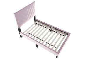 English Elm 1pc Twin Platform Bed Velvet Upholstered Adjustable Headboard V-stitch Blush Bedroom Light Pink B011P415213