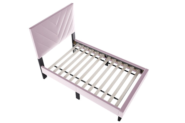 English Elm 1pc Twin Platform Bed Velvet Upholstered Adjustable Headboard V-stitch Blush Bedroom Light Pink B011P415213