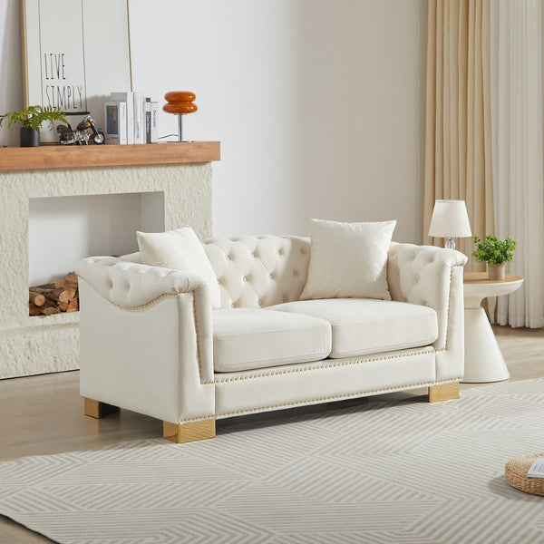 English Elm {video] Chesterfield Two-seater Velvet Sofa with Nailhead Trim and Tufted Gold Leg Luxury Beige W1926S00093