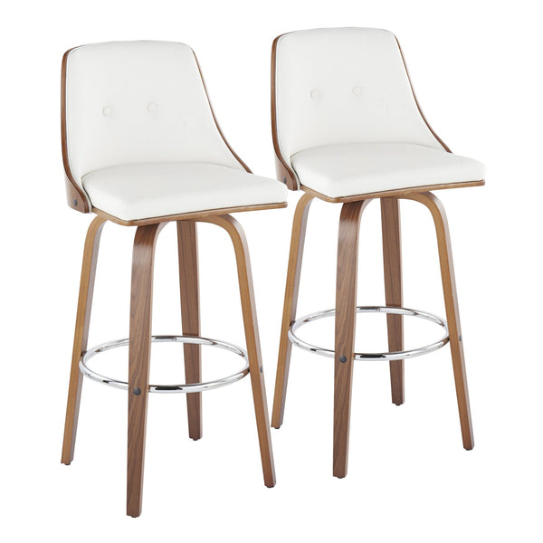 English Elm Gianna Mid-Century Barstool Set of 2 — Walnut Wood Contoured Back, White Tufted Faux Leather Swivel B202S00587