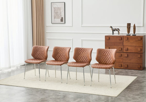 English Elm Dark Oil Waxed Faux Leather Dining Chair Set with Diamond Tufted High Back Metal Legs Brown W3493P444745