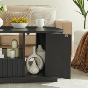 English Elm 46.5"modern oval coffee table with drawers, hidden compartments & wavy woodgrain top for stylish storage Black W1162P339119