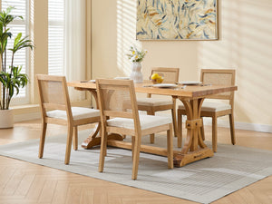 English Elm Farmhouse Rattan Dining Chairs Set of 2 with Linen Upholstery, Cane Back & Solid Wood Frame, Comfortable Beige W1143P332689