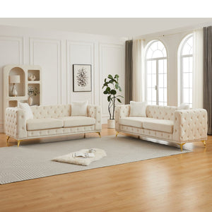 English Elm Fx Velvet Tufted 6 Seat Sofa Set Chesterfield Style with Button Detail Living Room Beige W1926S00083