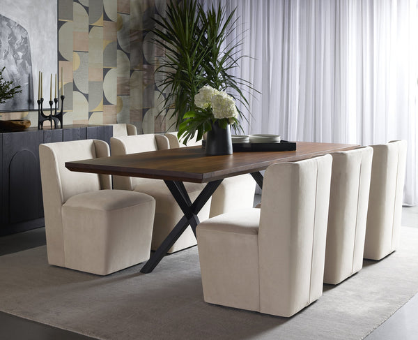 Sunpan Amita Wheeled Dining Chair - Elegant Upholstered Design with Moisture Repellent Performance Fabric Piccolo Prosecco