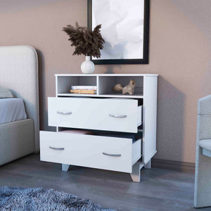 English Elm Portobelo modern two-drawer dresser with open shelves, sturdy top & four legs for stylish storage and display White 36 L x 21 W x 4 H B128S00111