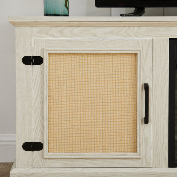 English Elm Farmhouse Rattan TV Stand Console Table with Ample Storage, Cable Management & Adjustable Shelves for 70" TVs Antique White W1758P178930