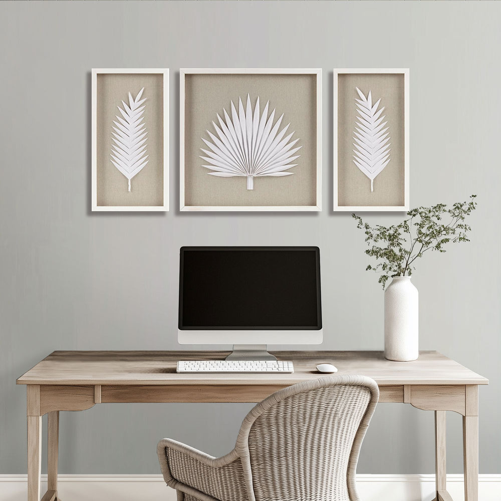JLA Home Madison Park - Framed Rice Paper Palm Leaves Trio Shadowbox Set — Handmade Neutral Textured Wall Art for Coastal Homes MP95B-0294