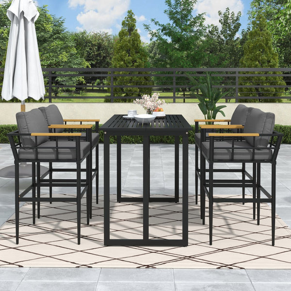 English Elm U_Style Iron Outdoor Dining Set with Acacia Wood Armrests, 5-Piece Patio Set with Cushioned Seats and 400 lb Capacity Gray WY000445AAE