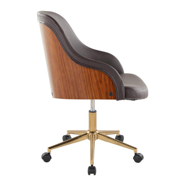 English Elm Office Chair with Walnut Frame Gold Base and Brown Faux Leather Mid-century Swivel B202P474167