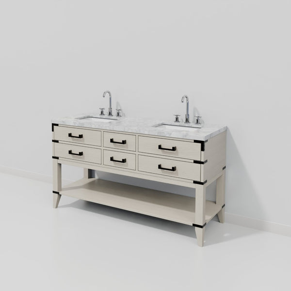 English Elm White Oak Double Bath Vanity With Carrara Marble Top & Chrome Faucet – Elegant Storage Solution B2731P260281-GIGA