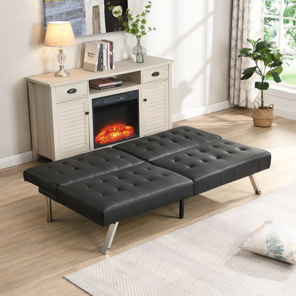 English Elm Wood Frame Futon Sofa Bed With Stainless Steel Legs - Versatile Black Pvc Design For Any Space W2297P247530-GIGA