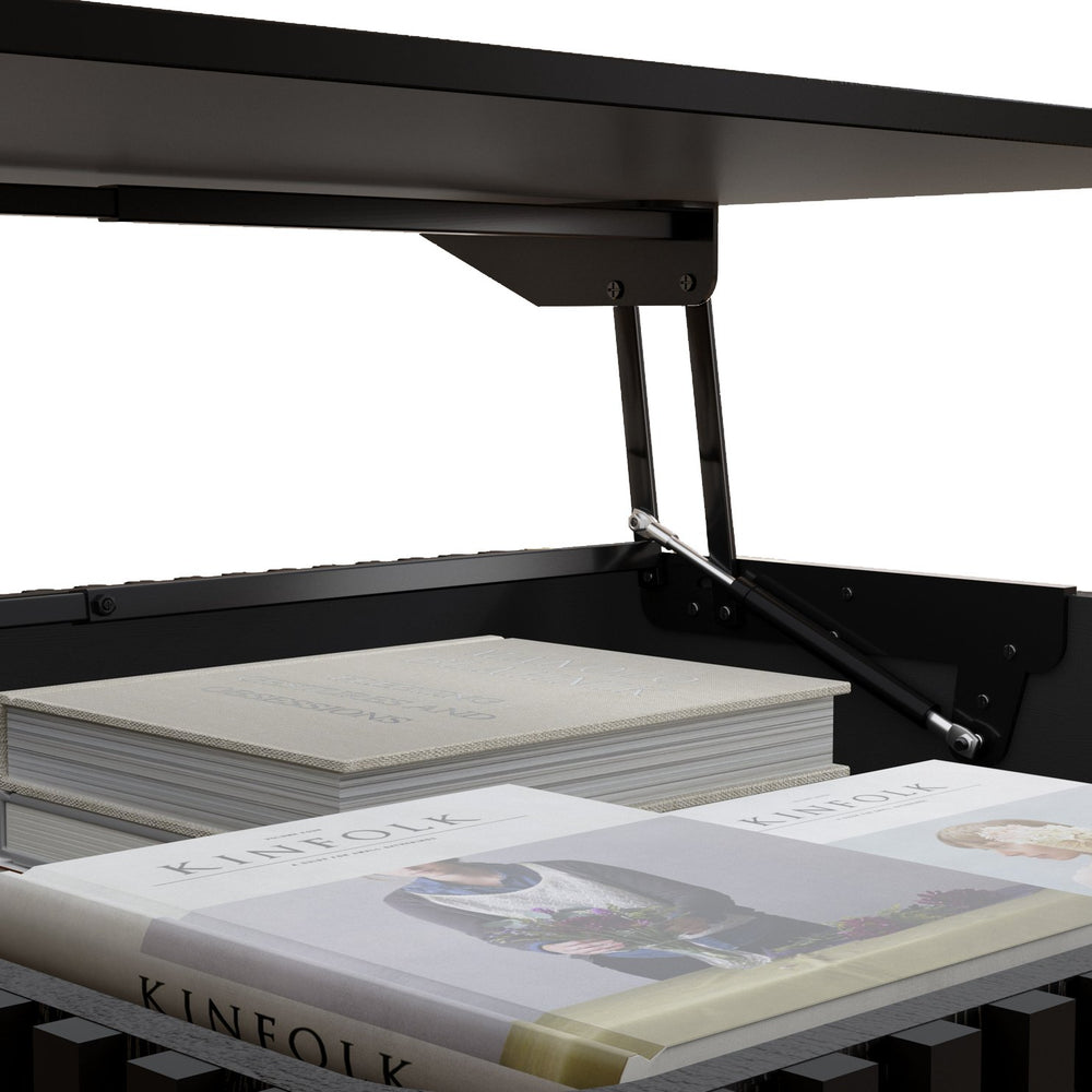 English Elm 31.5 Lift-Top Coffee Table with Hydraulic Raise, Fluted Wood Slats, Hidden Compartment & Shelf Black W1445P355643
