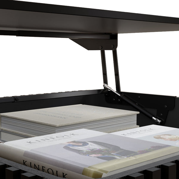 English Elm 31.5 Lift-Top Coffee Table with Hydraulic Raise, Fluted Wood Slats, Hidden Compartment & Shelf Black W1445P355643