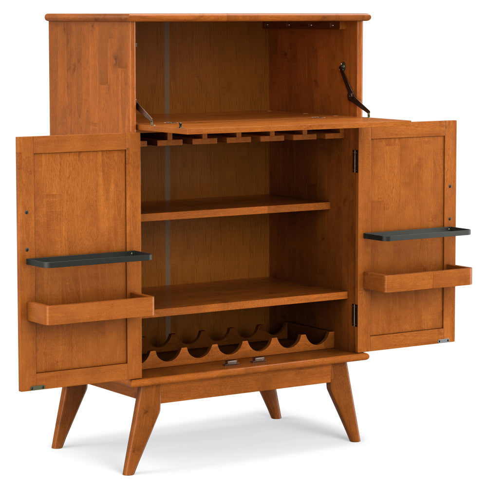 English Elm Draper Teak Mid Century Bar Cabinet – Solid Rubberwood, Wine & Stemware Storage, Drop-Down Worktop B136P203490