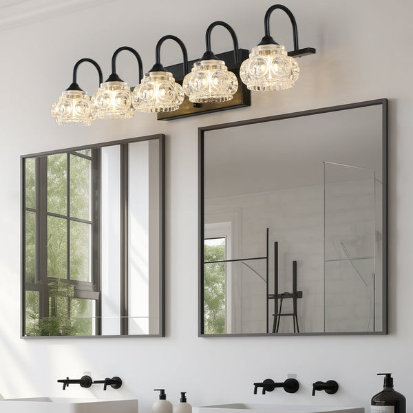 English Elm 29" Retro 5-Light Vanity Light Fixture Black Iron with Crystal Glass Shades Wall-Mounted Glam Bath W2312P374819