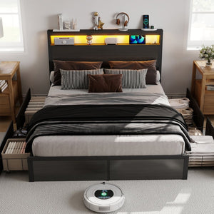 English Elm Queen Metal Platform Bed with Rgb Led Headboard Charging Station and Underbed Storage T3963P483012