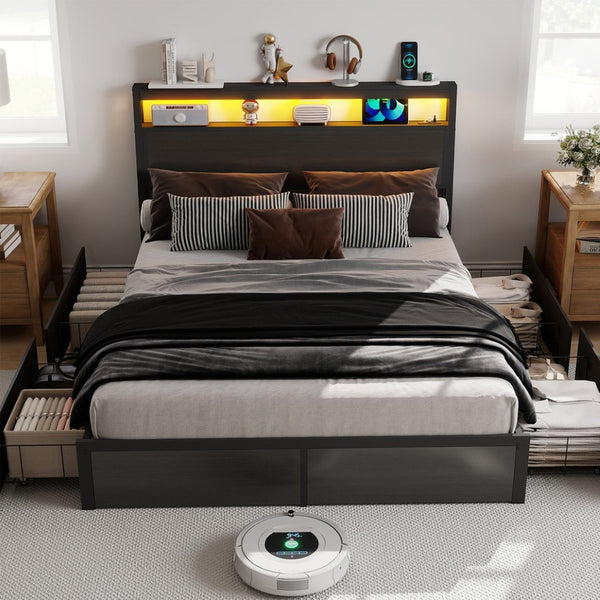 English Elm Queen Metal Platform Bed with Rgb Led Headboard Charging Station and Underbed Storage T3963P483012