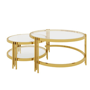 English Elm Modern Nesting Coffee Table Set Textured Tempered Glass Gold Tripod Base Living Room N735P354005A