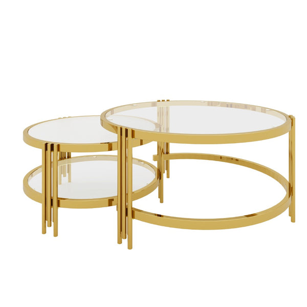 English Elm Modern Nesting Coffee Table Set Textured Tempered Glass Gold Tripod Base Living Room N735P354005A