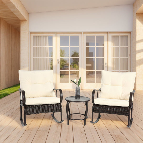 English Elm 3 Pieces Patio Furniture Set – Stylish Rocking Bistro Set With Cushions & Coffee Table For Outdoor Relaxation W640P256784