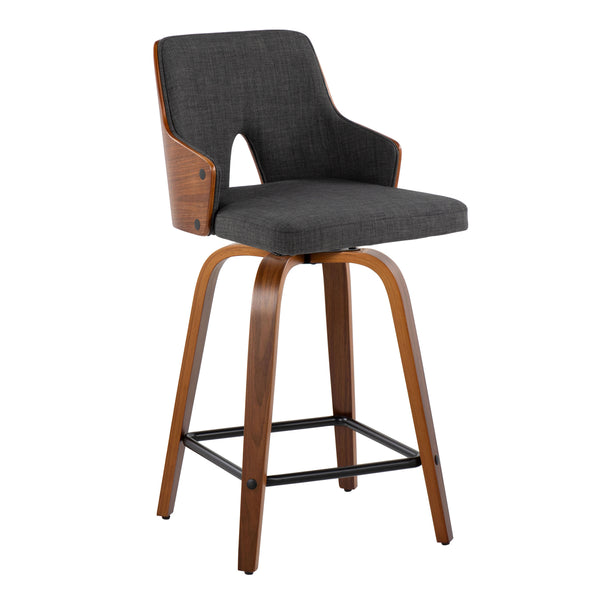 English Elm Stella 24" Mid-Century Counter Stools Set of 2 — Walnut Back, Charcoal Fabric, 360° Swivel, Black Footrest B202S00085