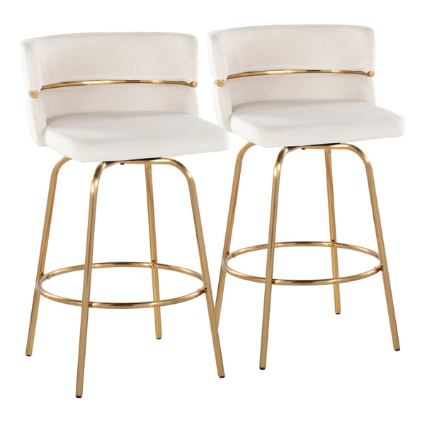 English Elm Cinch Glam Art Deco 26" Counter Stool Set of 2 — Gold Metal Frame, Velvet Swivel Seat, Round Footrest Cream B202S00190