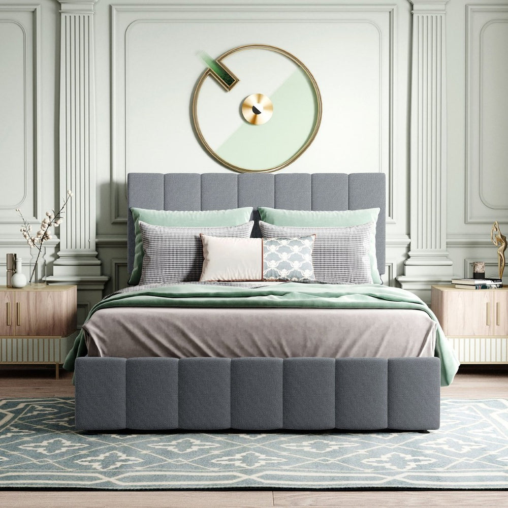 English Elm Full Size Linen Upholstered Platform Bed with Hydraulic Lift Storage and Foam Headboard N708P201551E