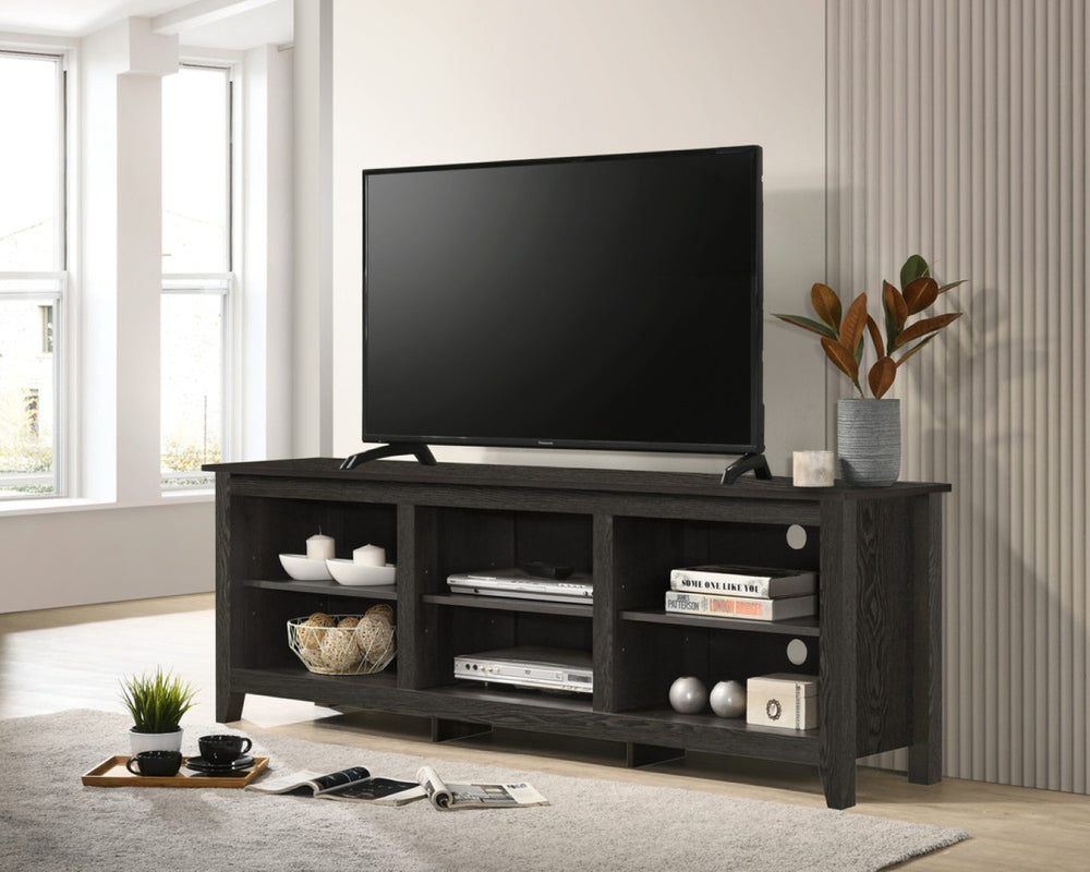 English Elm Tropea 58 Inch Open Shelf Media Console with Oak Finish and Cord Management Dark Gray B2749P413250