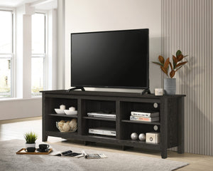 English Elm Tropea 58 Inch Open Shelf Media Console with Oak Finish and Cord Management Dark Gray B2749P413250