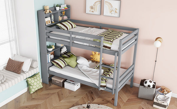English Elm Twin Over Twin Bunk Bed With Storage Shelves, Safety Guardrails, Ladder & Convertible Design In Grey W504S00213-GIGA
