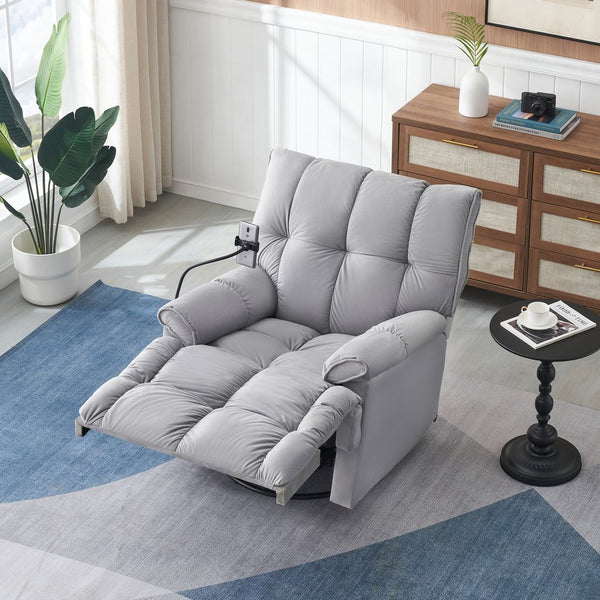 English Elm Single Teddy Upholstered Recliner Chair with Solid Wood Frame, Sponge Cushions & Phone Stand, Adjustable Back to 150° Gray W1278P212863