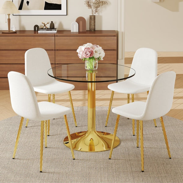 English Elm Table Set: 35" Round Transparent Glass Dining Table & 4 White Linen-Cotton Chairs With Gold Legs W1151S03701-GIGA