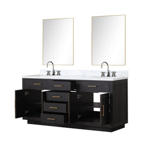 English Elm Black Oak Double Bath Vanity 72" W With Carrara Marble Top, Chrome Faucets & 34" Mirrors Included B2731S02175