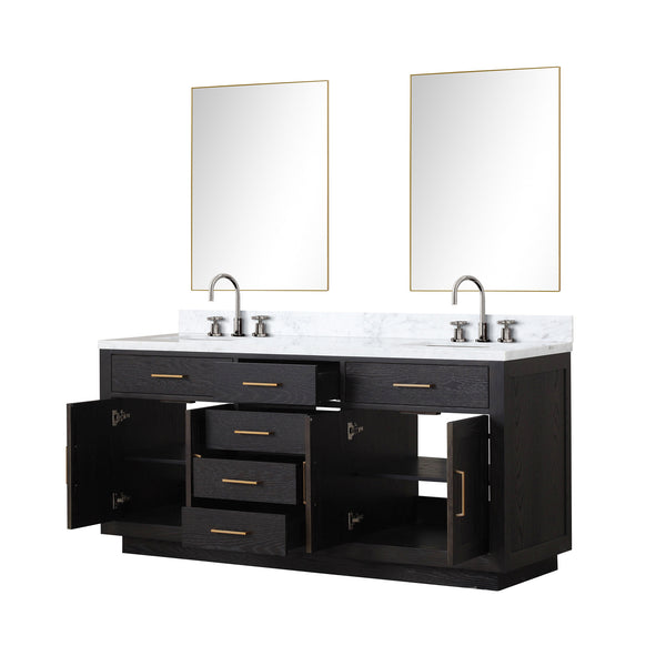 English Elm Black Oak Double Bath Vanity 72" W With Carrara Marble Top, Chrome Faucets & 34" Mirrors Included B2731S02175