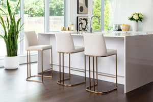 Sunpan Rayla Counter Stool - Elegant Cantilever Design with Textured Fabric and Antique Brass Frame Belfast Oatmeal