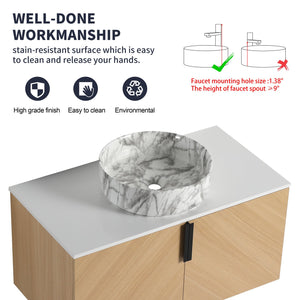 English Elm 36" Modern Wall-Mounted Bathroom Vanity With Soft-Close Doors, Ceramic Sink & Durable Oak Finish W999S00451