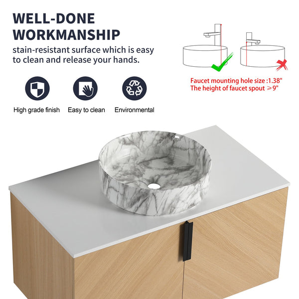 English Elm 36" Modern Wall-Mounted Bathroom Vanity With Soft-Close Doors, Ceramic Sink & Durable Oak Finish W999S00451