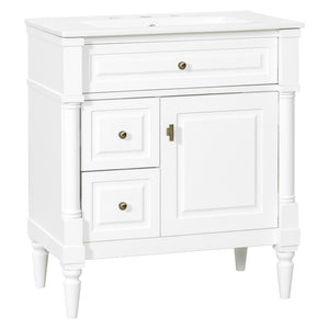 English Elm 30" Freestanding Bathroom Vanity Rubberwood Frame Ceramic Sink Flip Drawer Storage White N725P356062K