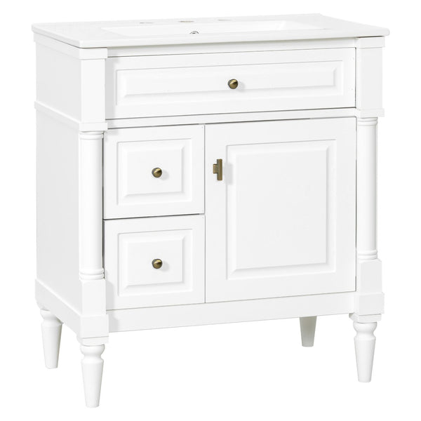 English Elm 30" Freestanding Bathroom Vanity Rubberwood Frame Ceramic Sink Flip Drawer Storage White N725P356062K