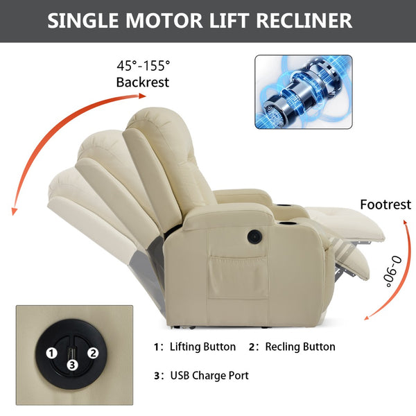 English Elm Beige Pu Leather Power Lift Recliner with Massage Lumbar Heat and Usb Charging Beige W1803S00085