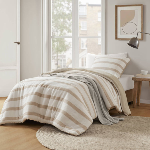 JLA Home Super Listing - Yarn-dyed Merritt striped comforter with woven tonal texture, subtle crinkle & all-season warmth, OEKO-TEX certified Taupe AM10-0605